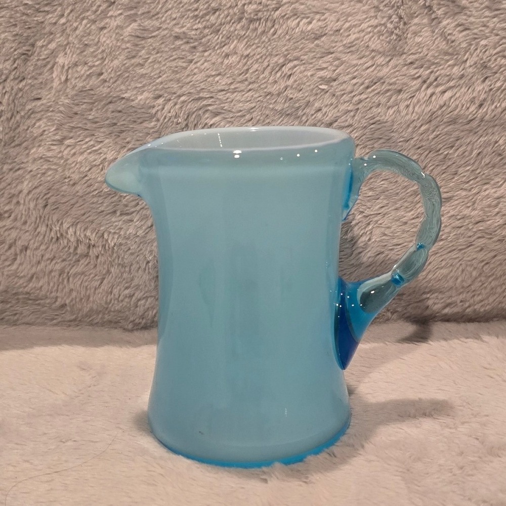 Vtg Fenton Blue Opalescent Glass Creamer Pitcher w/ Bamboo Style Applied Handle